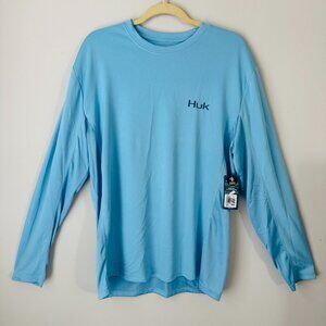 NWT Huk Icon X Long Sleeve Fishing Tshirt Mens L Light Blue UPF 50+ Moisture Tra